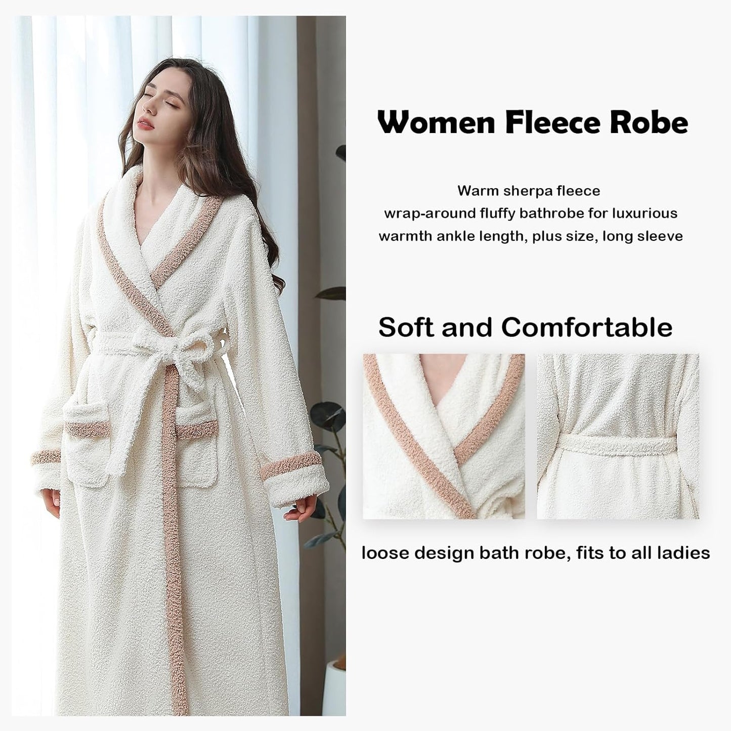 Oksun Womens Long Fleece Robe: Soft Fluffy Warm Bathrobe - Cozy Winter Housecoat Nigthgown with Chic Piping