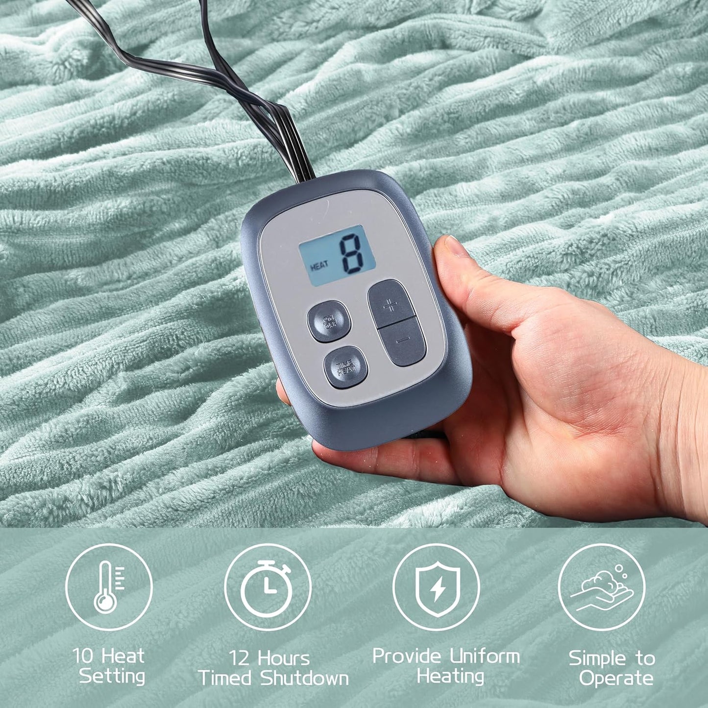 Electric Heated Blanket Full-Size 72x84 Inch - Ultra Soft Silky Flannel with Ribbed Texture, 10 Heating Levels and 12 Hours Auto-Off Feature - Mint Green