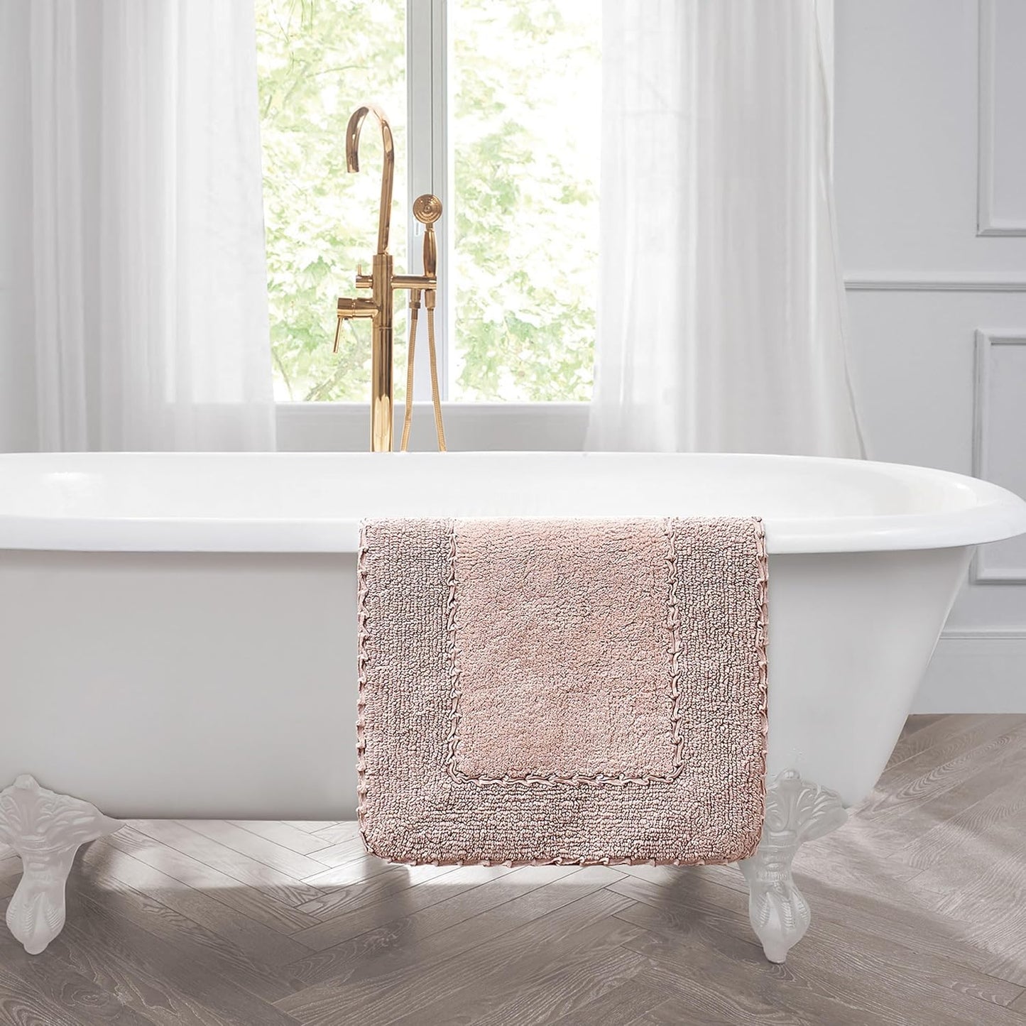 Laura Ashley Ruffle Border 100% Cotton Bath Rug Set, Blush Pink, 17" x 24"/ 20" x 32"