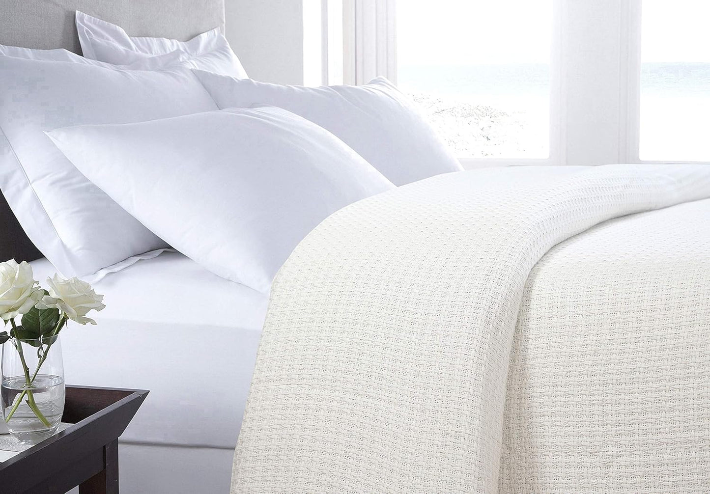 HILLFAIR 100% Combed Cotton Blanket– King Bed Blanket– Soft Cozy Warm Multipurpose Throws for Luxury Home Decor– 90 x 108 inch King Size Cotton Blankets for Beds- Bed Blankets for All Season- Ivory