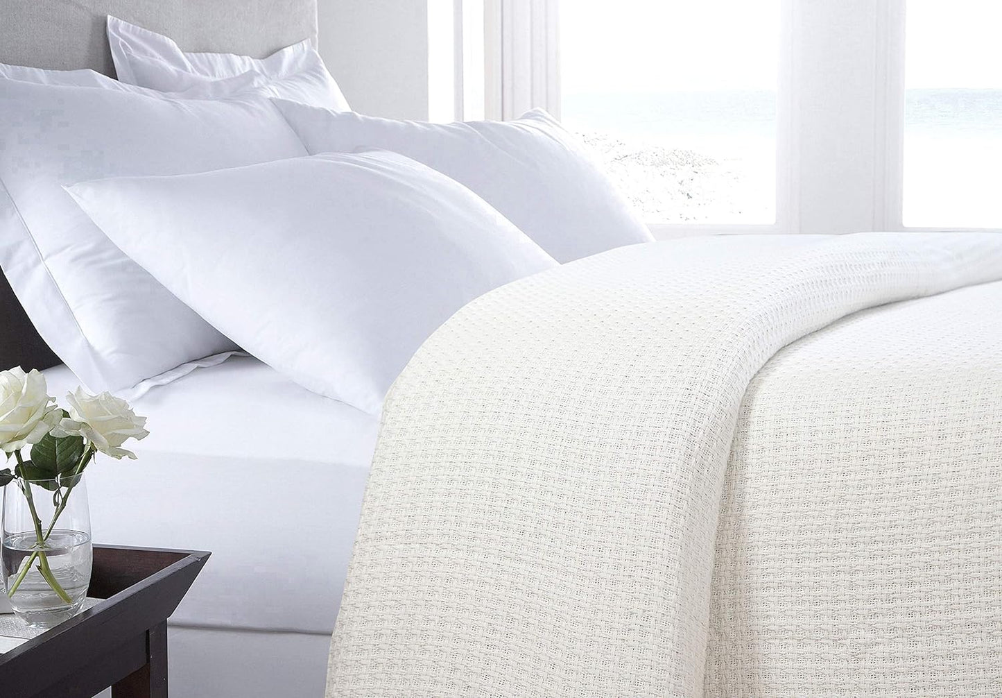 HILLFAIR 100% Combed Cotton Blanket– Twin XL Bed Blanket– Soft Cozy Warm Multipurpose Throws for Luxury Home Decor– 66 x 90 inch Twin XL Size Cotton Blankets for Bed Blankets for All Season- Ivory