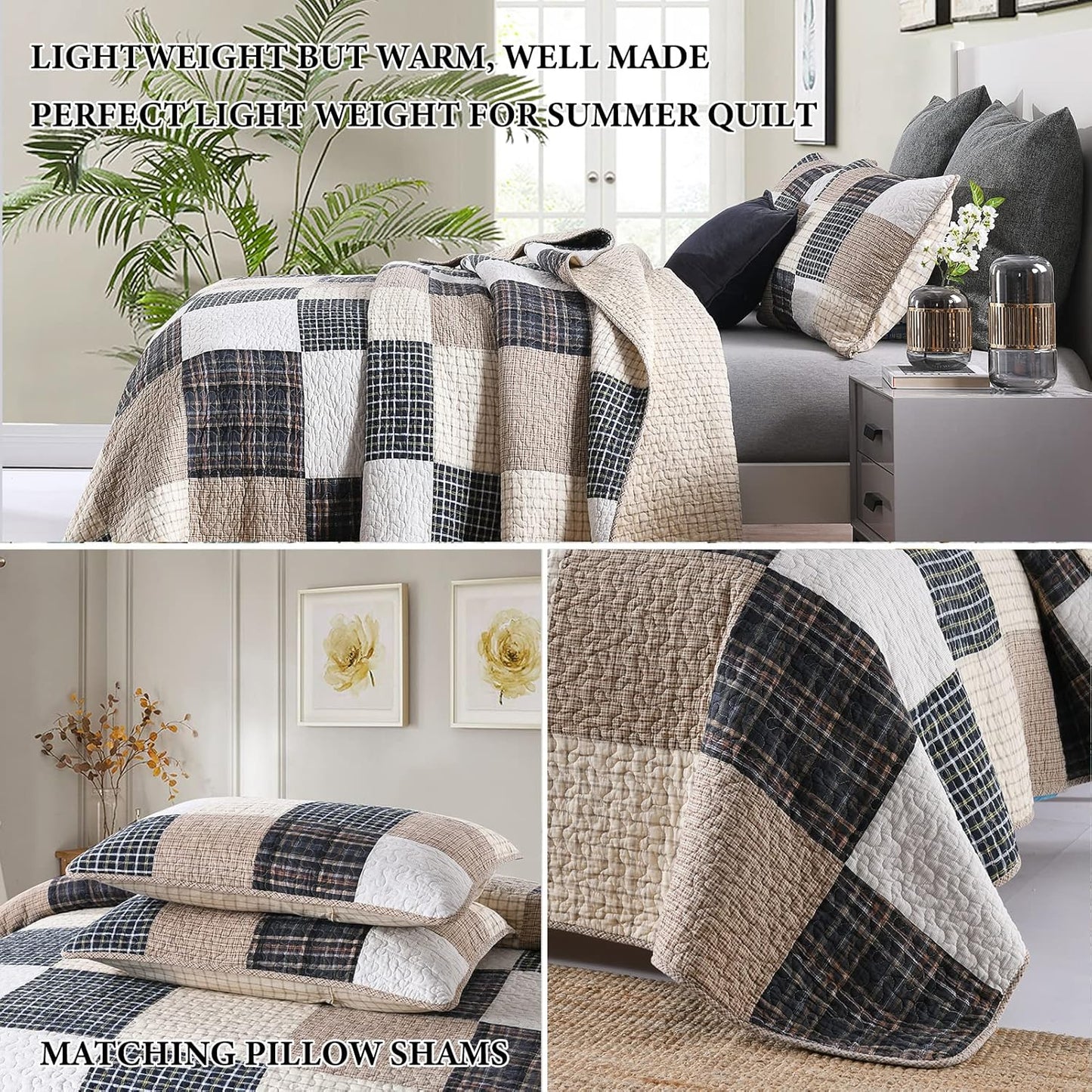 Y-PLWOMEN Quilts Queen Size, 100% Cotton Queen Quilt Set, Brown Khaki Black White Patchwork Plaid Queen Size Bedspread, Lightweight Reversible Soft Summer Quilt Bedding Set, 3-Pieces