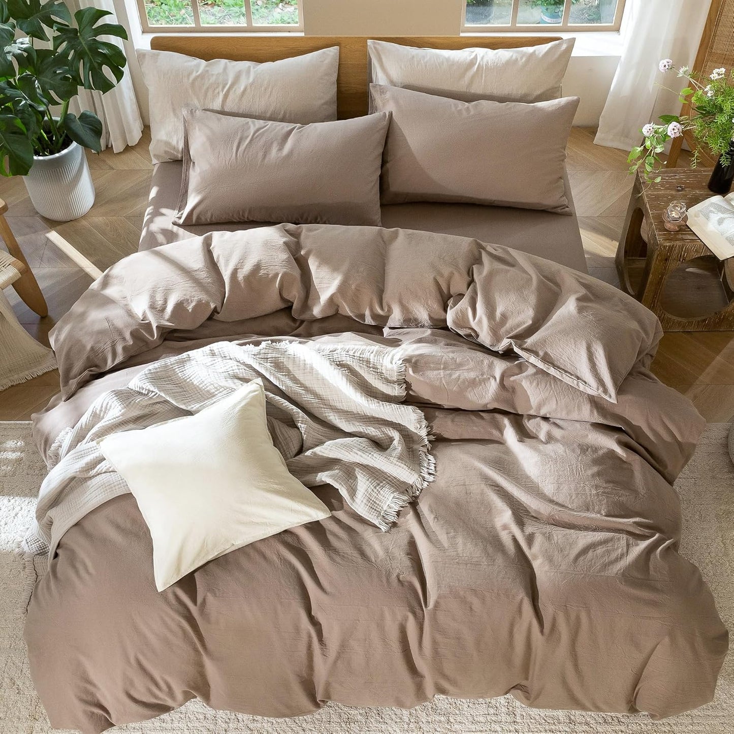 MooMee Bedding Duvet Cover Set 100% Washed Cotton Linen Like Textured Breathable Durable Soft Comfy (Solid Brown, Oversized Queen 98"x98")