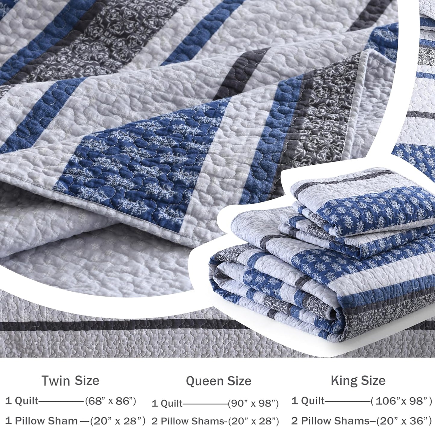 Homzard Quilt Bedding Set Queen Size - 100% Cotton Comforters Set Queen Size,Gray Blue Quilts Bedspread for The Bed, Farmhouse Lightweight Bedding (90 * 98 Inch) and 2 Pillow Shams All Season