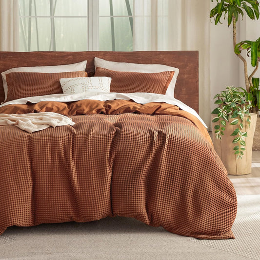 Bedsure Cooling Waffle Duvet Cover Queen - Cotton Blend Rayon Derived from Bamboo Duvet Cover Set for Hot Sleepers, Breathable Bedding Set With a Vintage Charm, 3 Pieces (Burnt Orange, Queen, 90"x90")