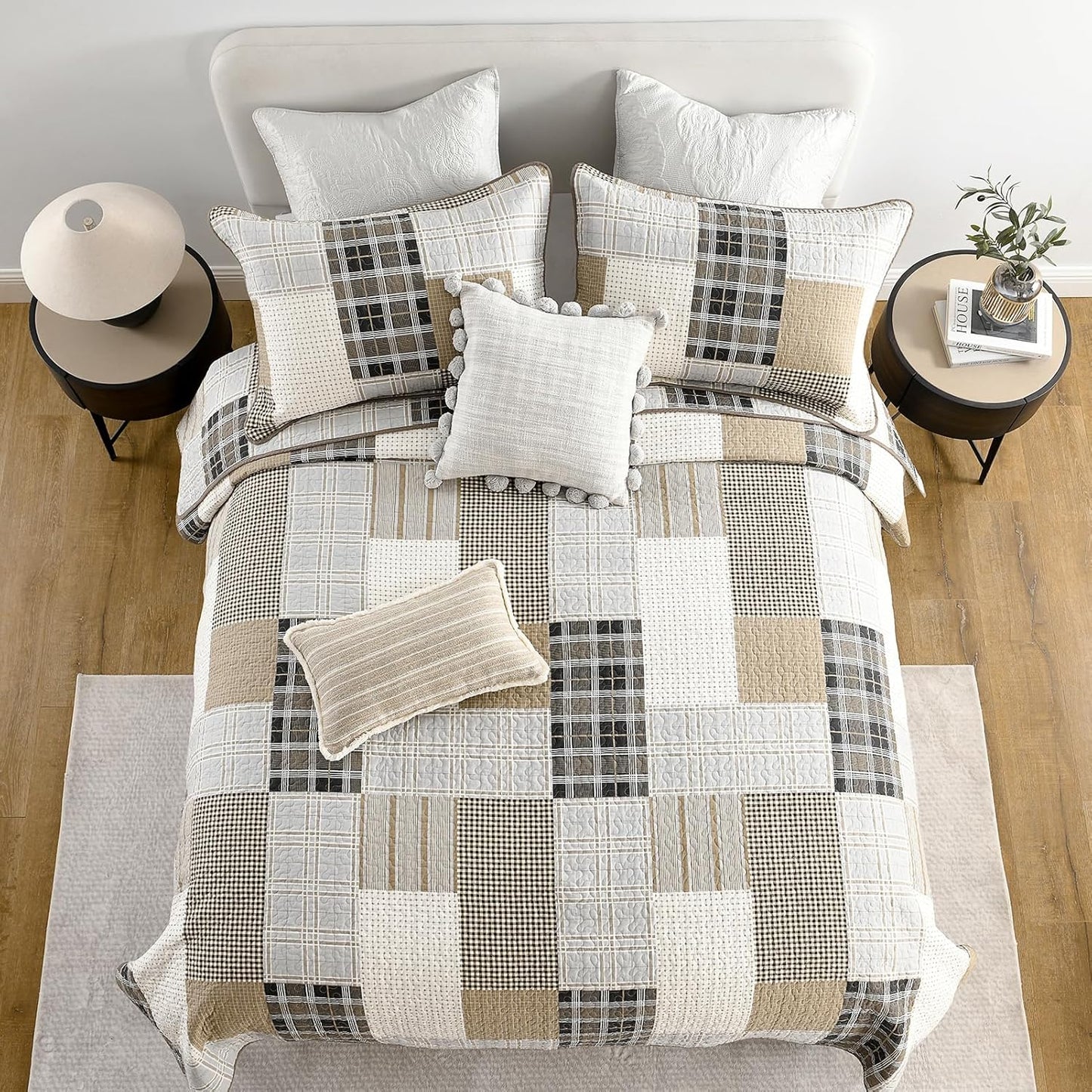KALOOLA Plaid King Quilt Set, 100% Cotton Beige King Quilt Bedding Set, Farmhouse Reversible Quilted Bedspread Coverlet with 2 Pillow Shams, Lightweight Thin Comforter for All Season, 3 Pieces