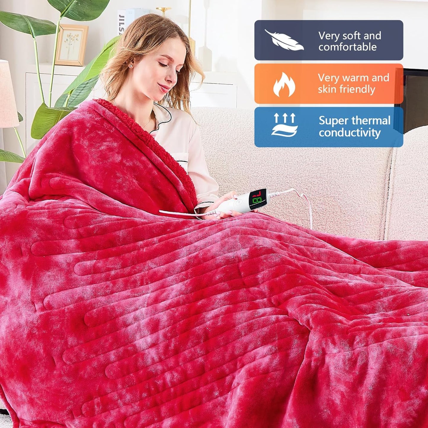 greenoak Heated Electric Blanket Throw, Faux Fur Sherpa Heating Blanket for Sofa Bed, Warm Winter Gifts for Mom/Grandma, Heater Lap Blankets 5-Position Timer &10 Heating Levels 50''*60" Red