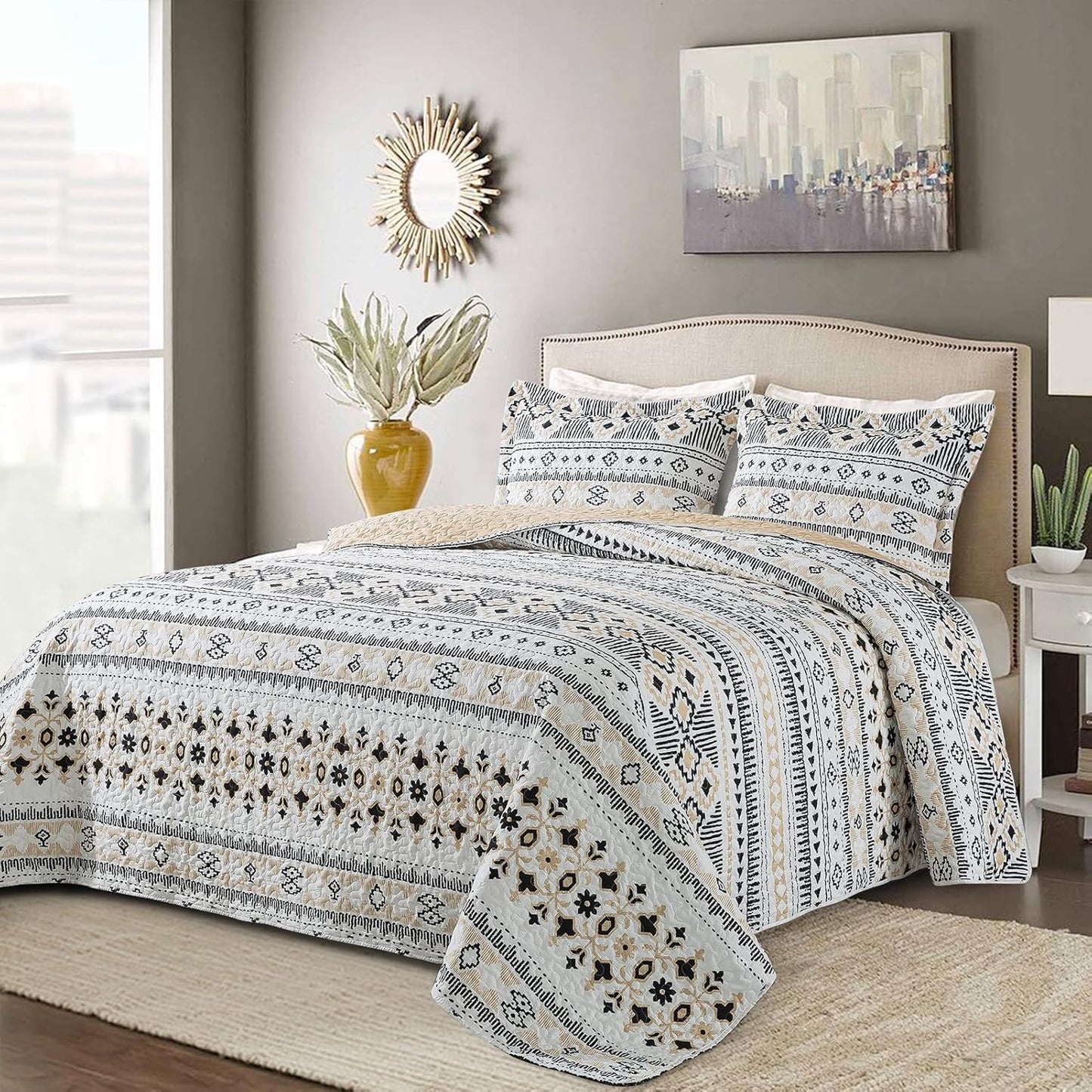 BEDIFANY Boho Quilt Bedding Set, 3 Pieces Stripe Queen Bedspread Lightweight Boho Queen Quilt, All-Season Bed Spread Coverlet Set for Bed Decoration