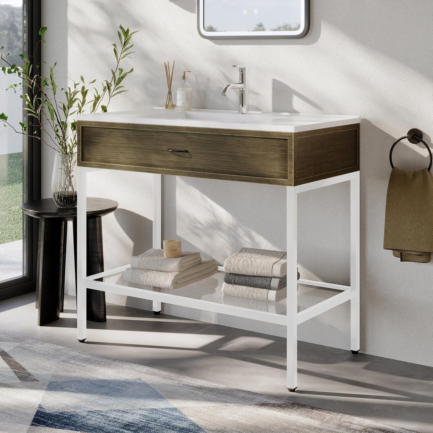 36 Inches Bathroom Vanity with Resin Sink, Single Sink Modern Cabinet Set, Stainless Steel Frame with Tempered Glass Open Shelf, Freestanding Bathroom Storage Cabinet Combo, White