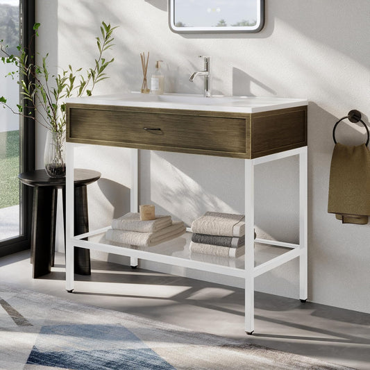 36 Inches Bathroom Vanity with Resin Sink, Single Sink Modern Cabinet Set, Stainless Steel Frame with Tempered Glass Open Shelf, Freestanding Bathroom Storage Cabinet Combo, White