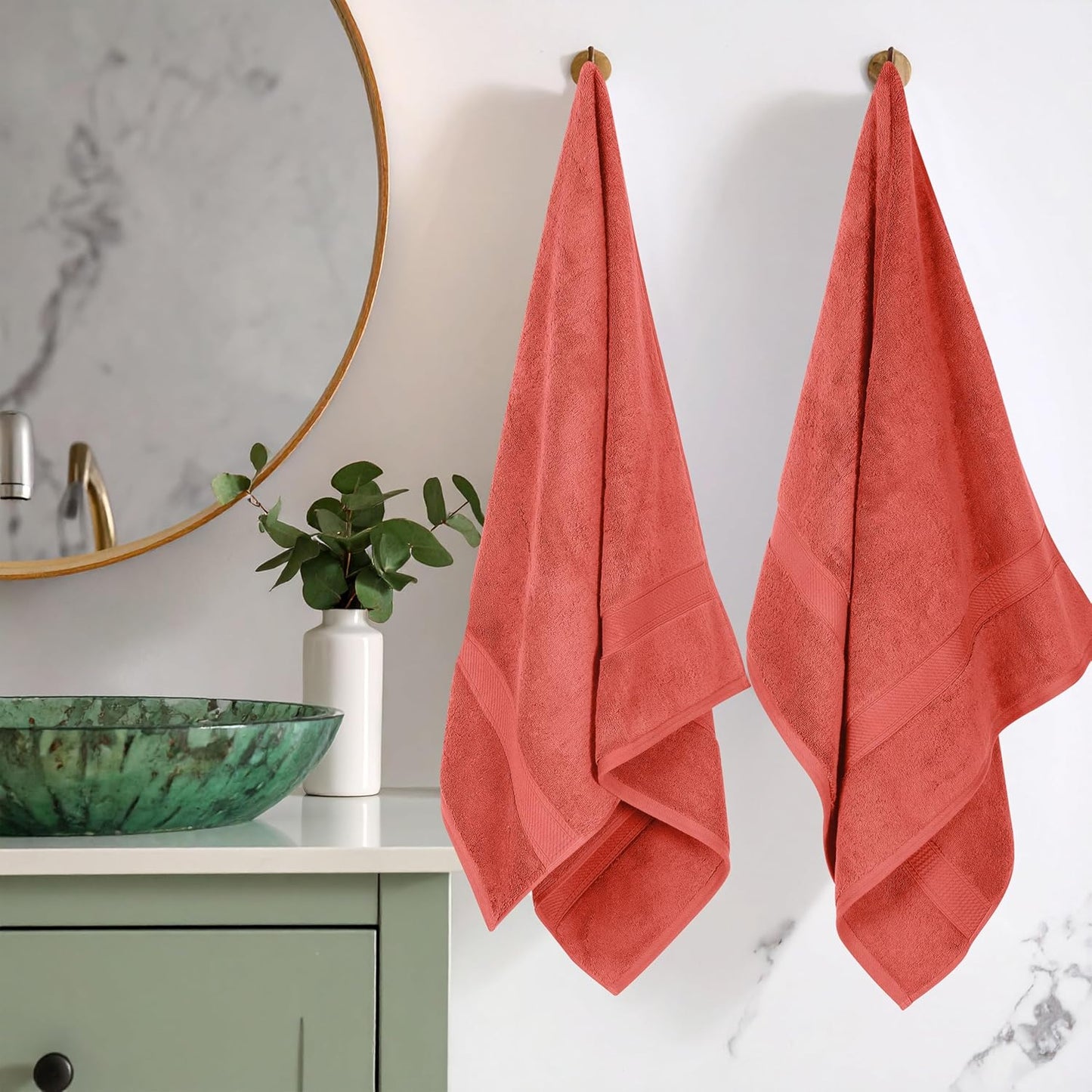 Superior Egyptian Cotton Pile Bath Towel Set of 2, Ultra Soft Luxury Towels, Thick Plush Essentials, Absorbent Heavyweight, Guest Bath, Hotel, Spa, Home Bathroom, Shower Basics, Coral