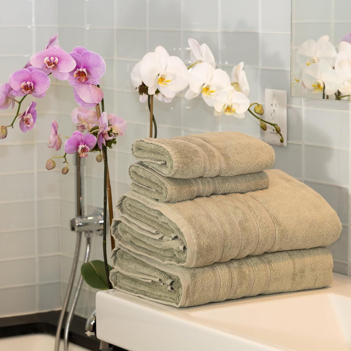 Mosobam Luxury Turkish 4pc XL Towel Set 35X70 16X30 Seagrass Green 700 GSM Bamboo Viscose & Aegean Turkish Combed Cotton
