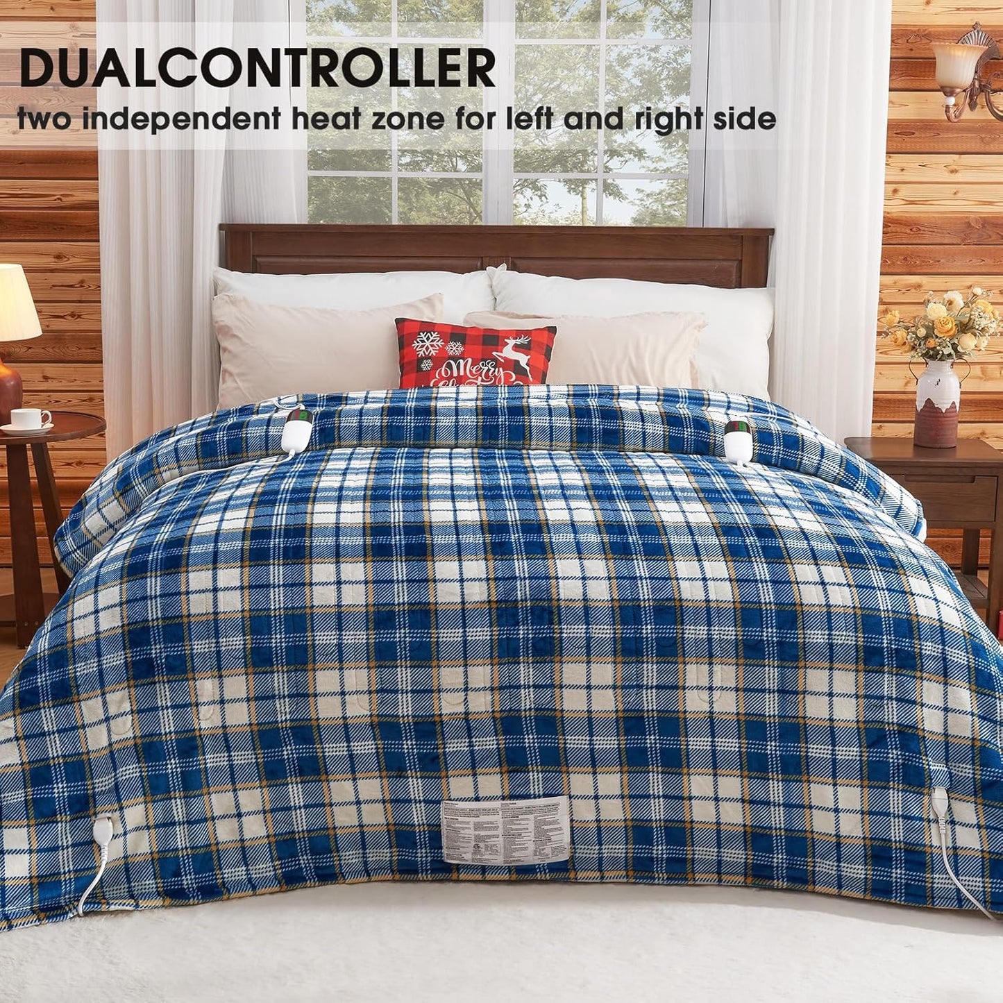 Electric Heated Blanket King Size, 90X100 Heating Blanket King With Dual Control&10 Heats Levels&Timer For Bed,Large Navy Blue Plaid Sherpa Blankets Warmer Gifts for Grandma Women Adults, Washable