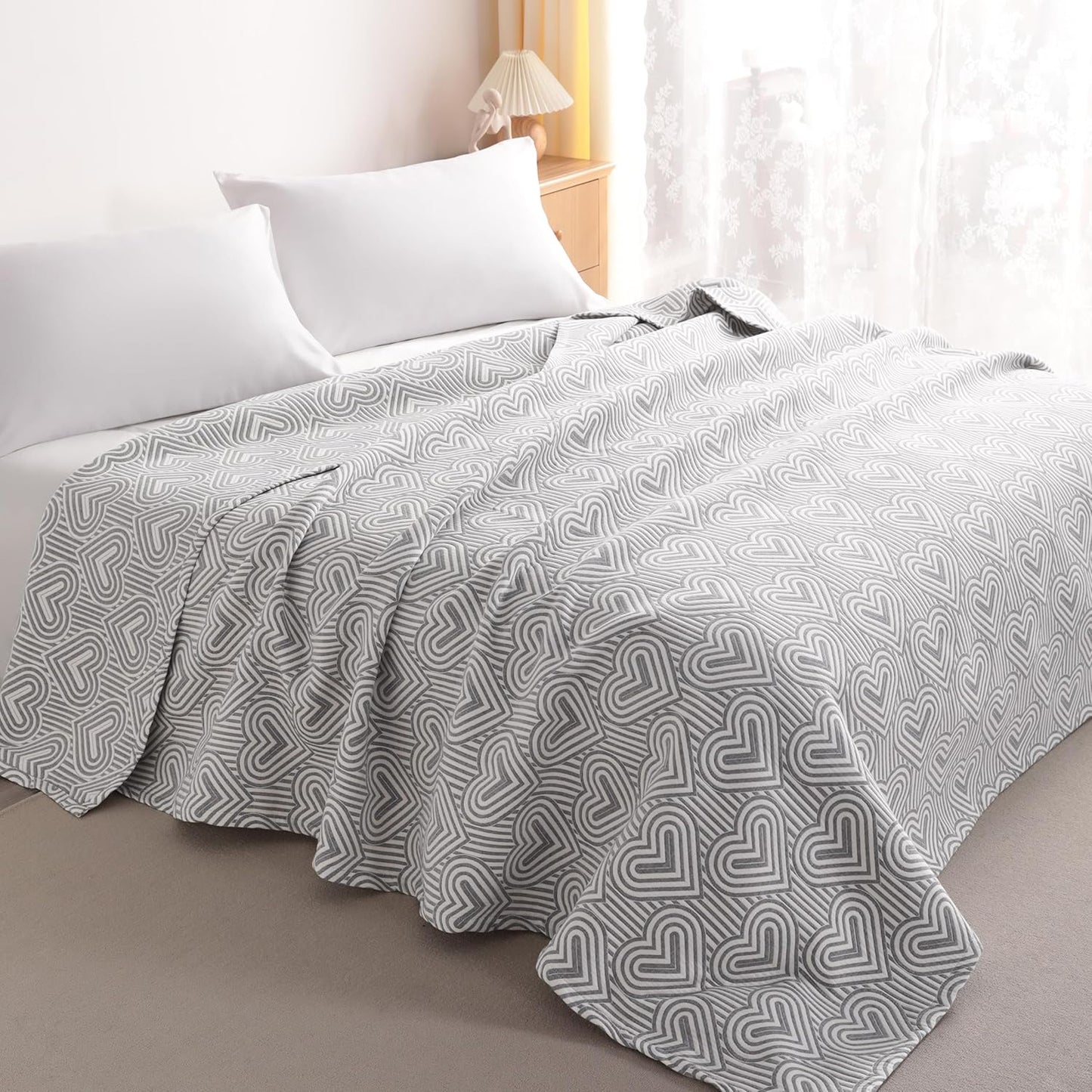 NTBAY 3 Layers Cotton Muslin 88x92 Queen Bed Blanket, Super Soft Breathable Thermal Yarn Dyed Quilt for Adults, Perfect Lightweight Blanket for Couch Sofa Bed All Seasons, Grey Heart
