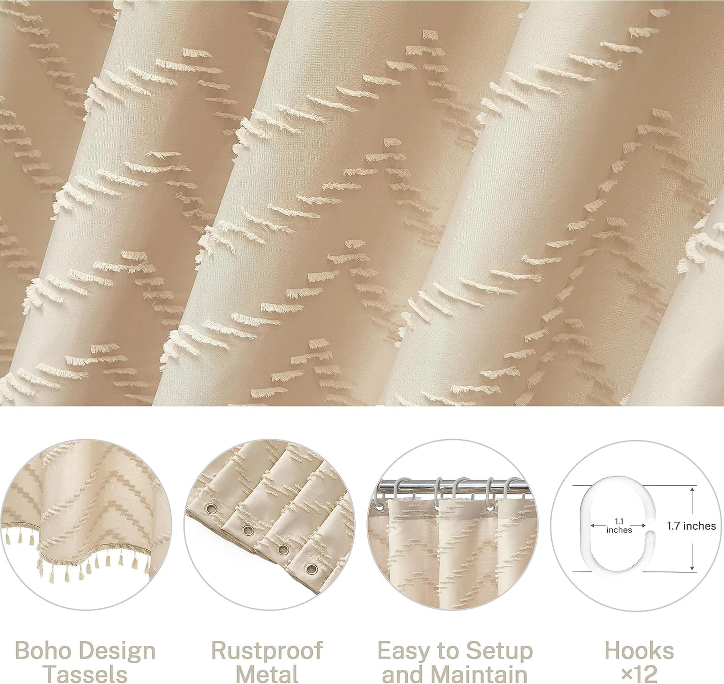 Boho Farmhouse Shower Curtain, Woven Fabric Cute Beige, 60 x 72 Tufted Chevron Textured Striped Modern Farmhouse Minimalist