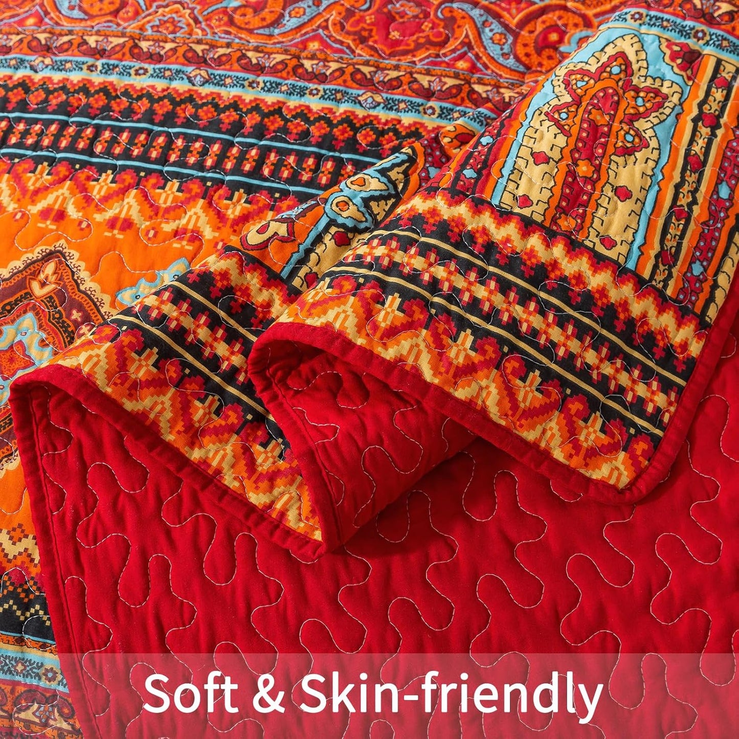 BEDIFANY Cotton Twin Size Bedspreads Set - Lightweight Boho Quilts Twin Size (68 * 86 Inch) - Colorful Orange Quilted Stripe Quilt Bedding Sets with Pillow Sham for Decorations Coverlet, 2 Pieces