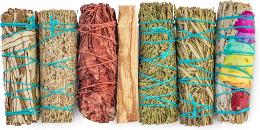 7 Sage Smudge Kit with Blue Sage, 7 Chakra White Sage, Cedar, Dragon's Blood, Rosemary, Yerba Santa, Palo Santo | Salvia Blanca para Limpiar Sustainably Sourced