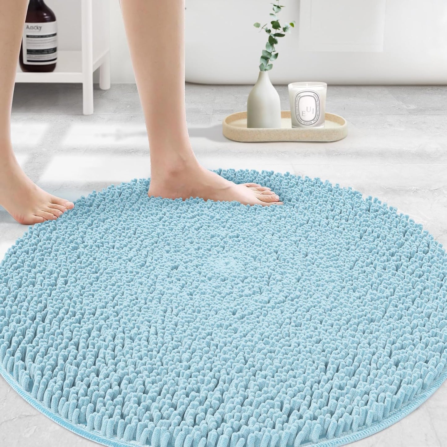MAYSHINE Round Area Rug Set for Bathroom | Soft Plush Chenille Bath Mat, Water Absorbent Non-Slip Bathroom Rug | Washable Shag Carpet for Shower, Bedroom, or Home Décor | 48"x48" (Round) | Spa Blue'