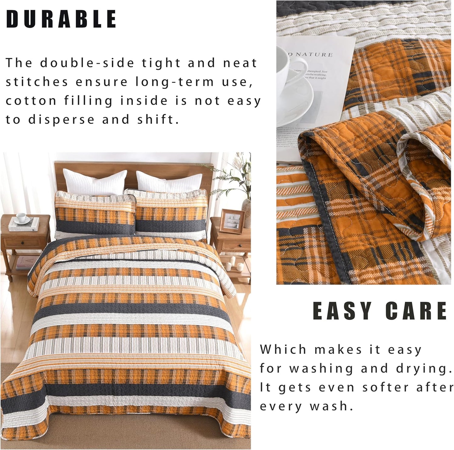 Homzard King Comforter Set,Cotton King Size Quilt，Caramel Orange Black King Bedding Set，Plaid Striped Bedspread Set，Lightweight Reversible Bed Set 3 Pieces
