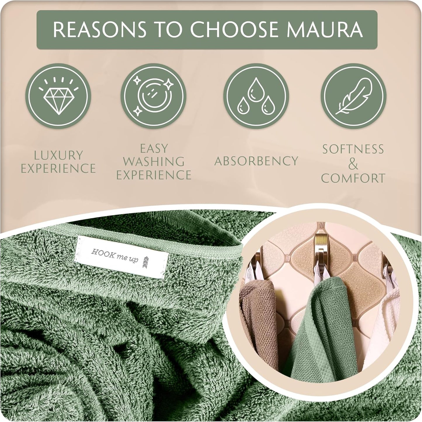 MAURA Basics Hand Towels for Bathroom with Hanging Hook Loops. Soft, Durable, Long Lasting and Absorbent Hand Towel Sets for Bathroom, American Standard Size 16"x28", Sage Green