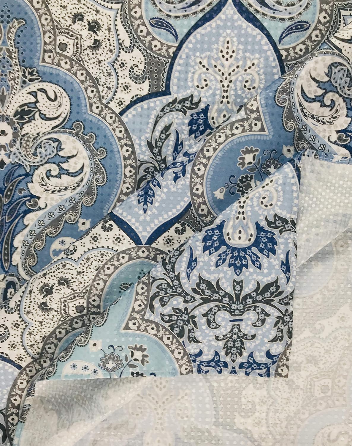 Decorative Blue & Silver Grey Gray Boho Fabric Shower Curtain, Modern Farmhouse for Vintage Rustic Bathroom Decor, Floral Victorian, 72 x 70
