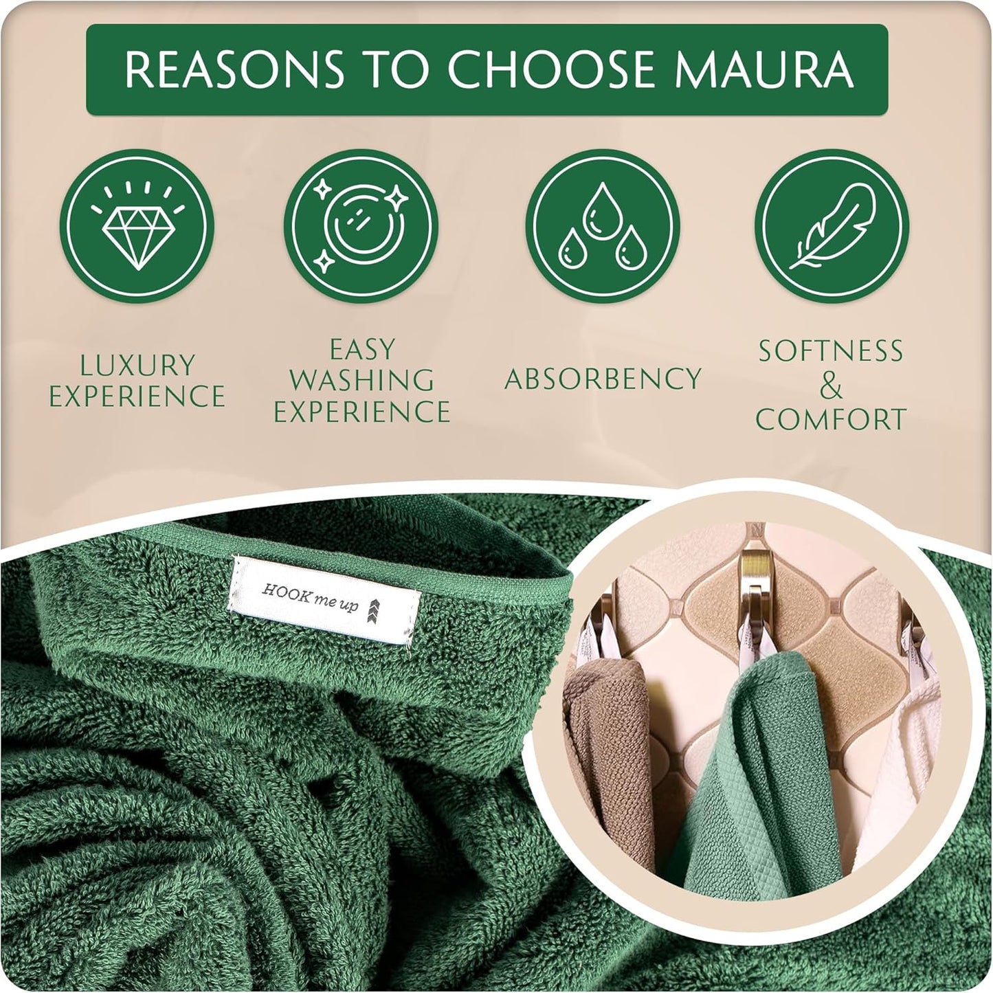 MAURA Basics Bath Towel Sets for Bathroom with Hanging Hook Loops. 2 Bath Towels, 2 Hand Towels, 2 Washcloths, Soft, Durable, Long Lasting and Absorbent Towels Set, Hunter Green