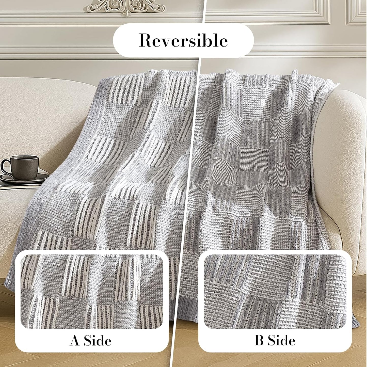 Amélie Home Checkered Knit Throw Blanket for Couch, Chenille Texture Decorative Soft Blanket for Sofa & Chair, 50"x60", Grey & White