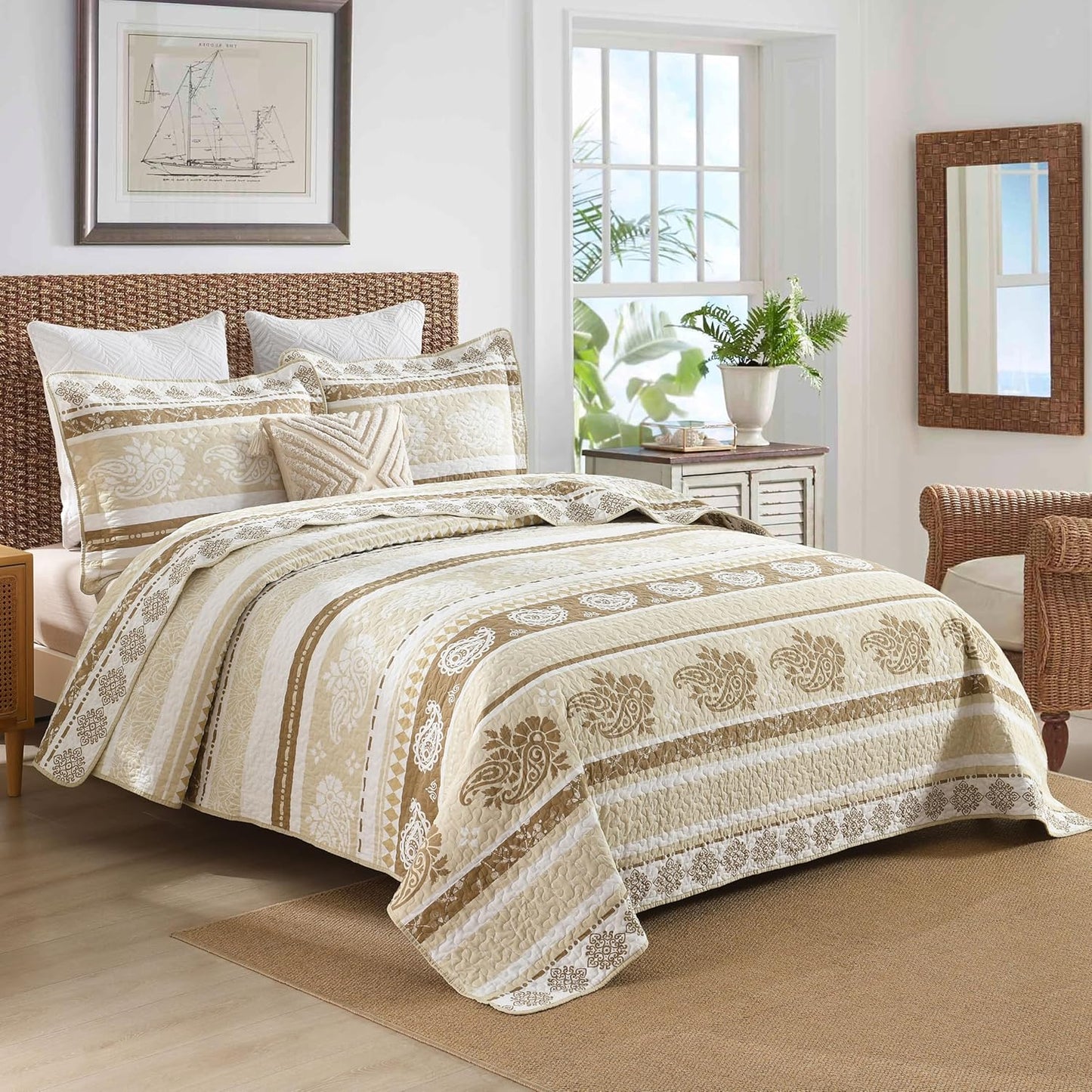 Quilt Bedding Set Queen Size, Cotton Comforters Set Queen Size, Brown Taupe Quilts Bedspread for The Bed, Farmhouse Lightweight Bedding (90 * 98 Inch) and 2 Pillow Shams All Season