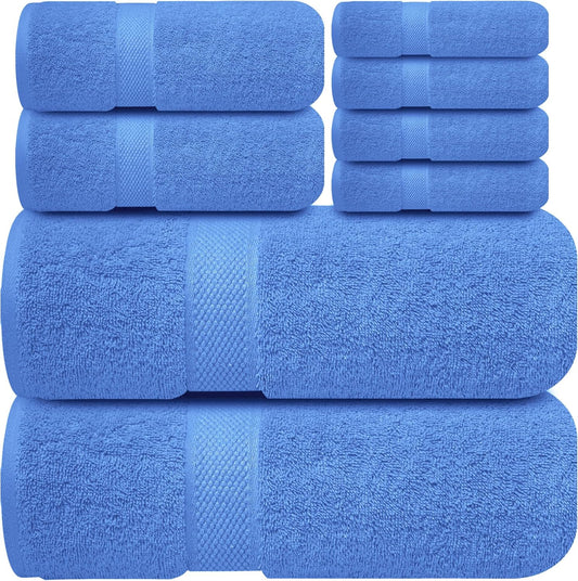 Infinitee Xclusives Luxury 100% Cotton Towel Set – 8 Piece Bathroom Towel Set (2 Bath Towels, 2 Hand Towels, 4 Washcloths) – Soft & Absorbent Towels for Bathroom (Eloquent Blue)