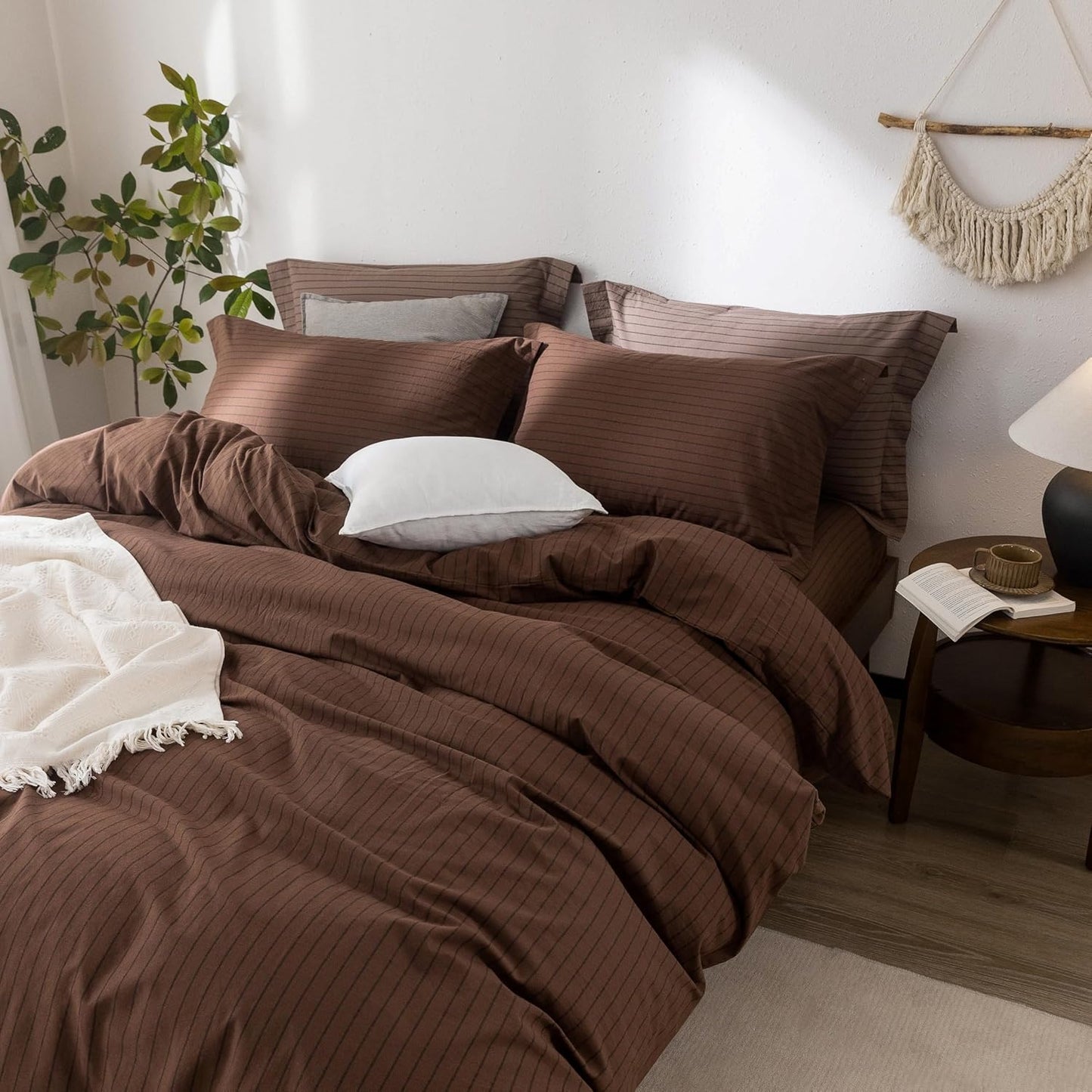 Stripe Duvet Cover King Size 104inch x 90inch,100% Washed Cotton Pinstripe Duvet Cover with Zipper Closure and 2 Pillowcases, Color of Cocoa Brown-Black Stripe