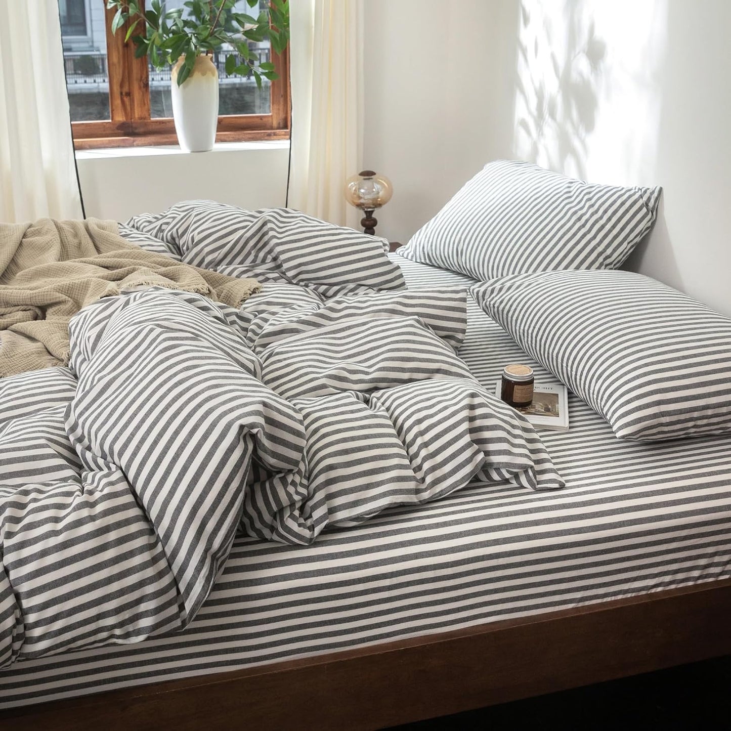 FOSSA Striped Duvet Cover Set 100% Washed Cotton Linen Feel Super Soft Breathable Cozy 3 Pieces Bedding Sets Dark Grey Classic Stripes Queen