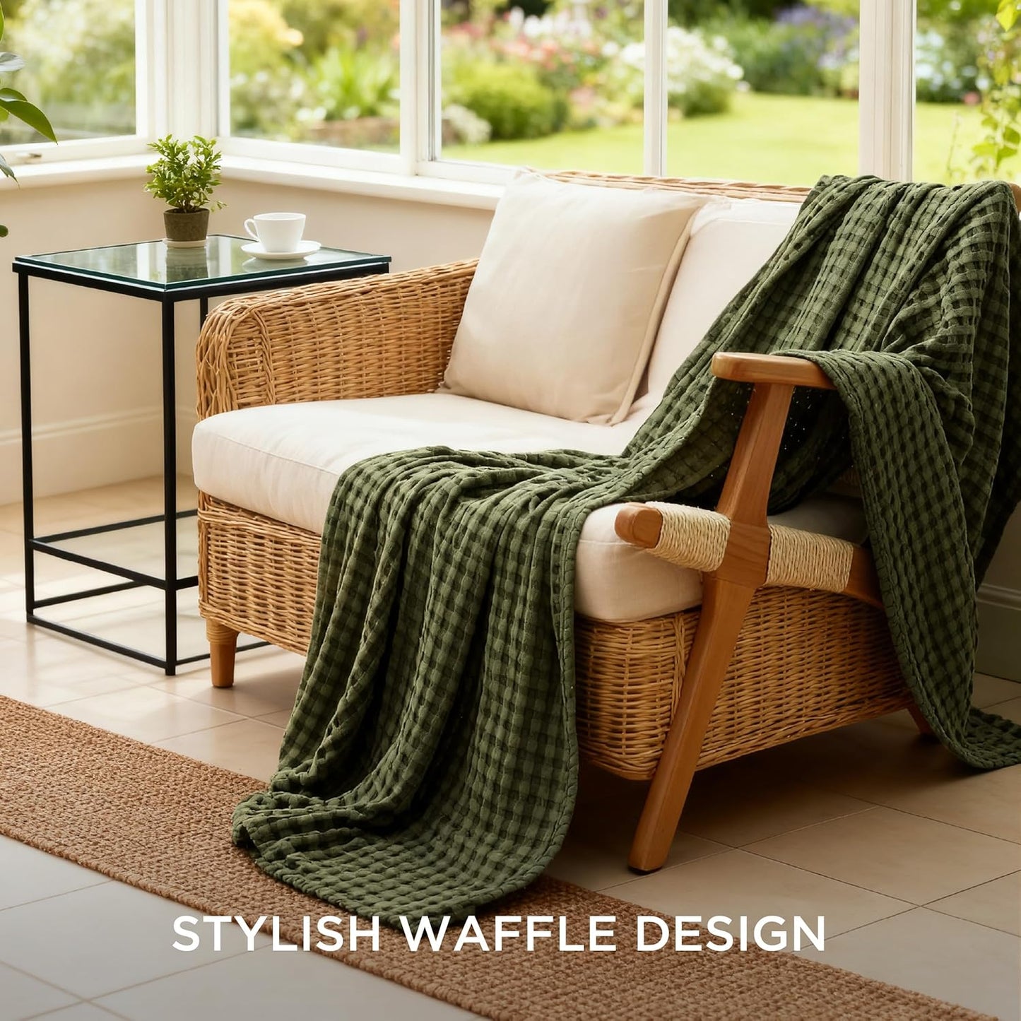 Bedsure Cooling Cotton Waffle Weave Throw Blanket - Lightweight Breathable Blanket of Rayon Derived from Bamboo for Hot Sleepers, Luxury Throws for Bed, Couch and Sofa, Green, 50x70 Inches