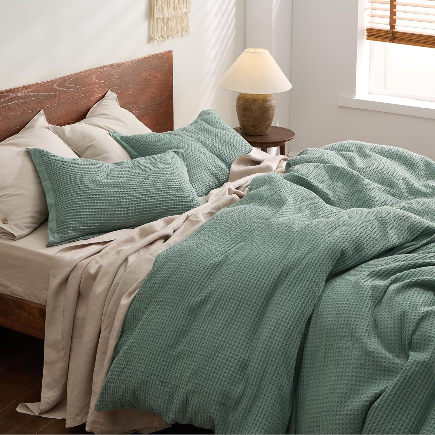 Bedsure Cotton Duvet Cover King - 100% Cotton Waffle Weave Green Duvet Cover King Size, GentleSoft™ and Breathable Bedding for All Season, 3 Pieces, 104"x90"