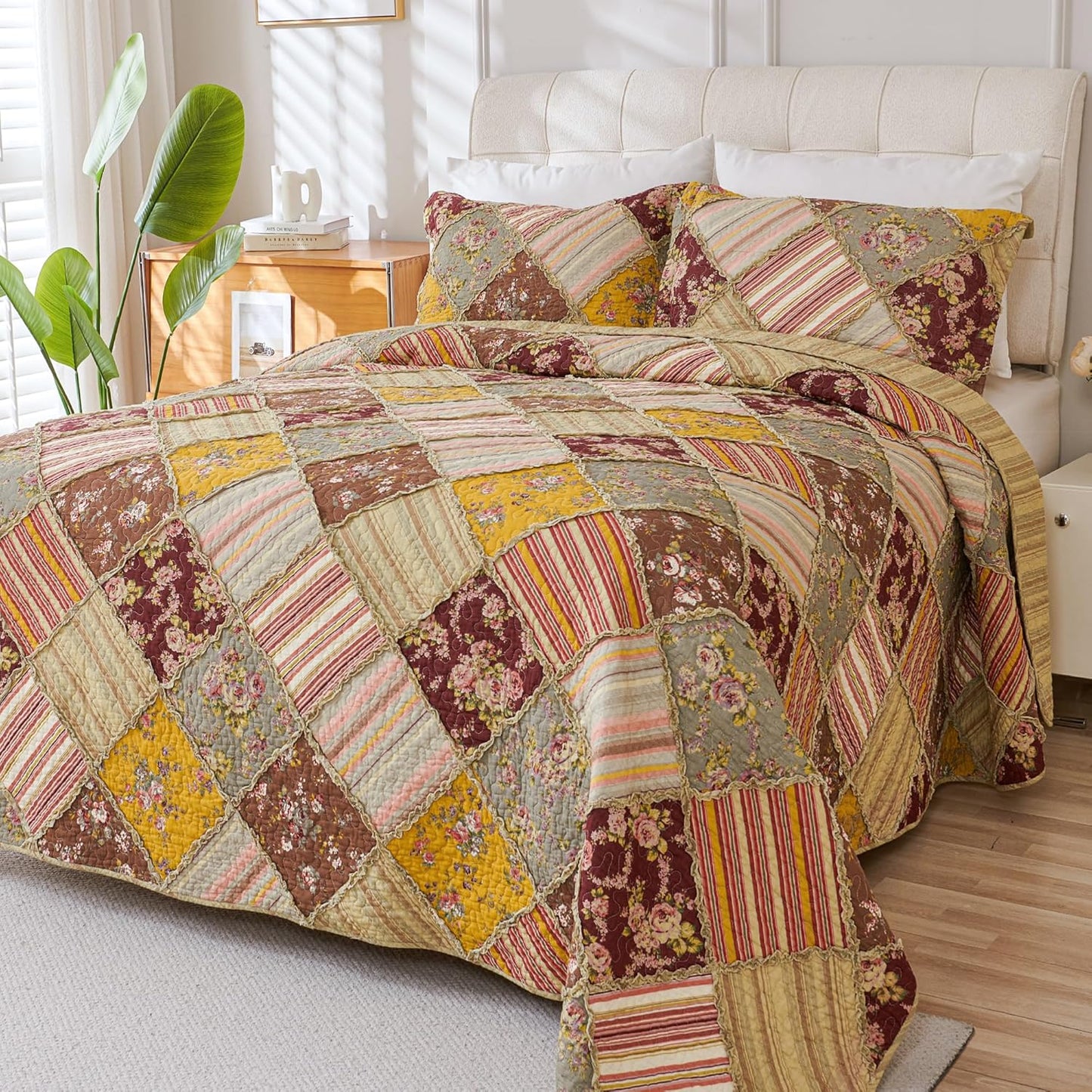 Cmfshape Floral Quilt Sets Bedspread Set 100% Cotton Patchwork Bedding Set, All Season Use Lightweight Reversible Coverlet Quilts with 2 PillowShams(King 106"x96")
