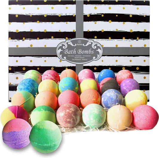 Fathers Day Bath Bomb Gift Set for Men. 24 Luxury Bath Bombs Individually Wrapped Bulk Moisturizing Organic Bath Fizzies for Women, Men Kids! Best Bath Spa Set for Dad & Teens! Gifts for Him