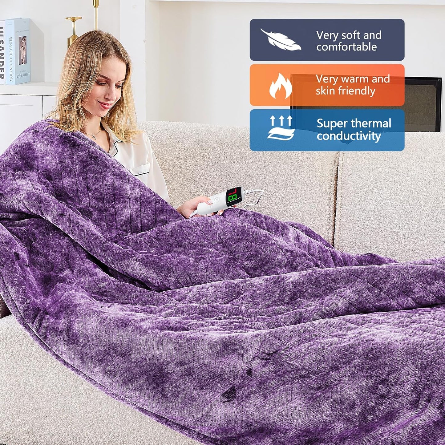 greenoak Heated Electric Blanket Throw, Faux Fur Sherpa Heating Blanket for Sofa Bed, Warm Winter Gifts for Women/Her, Heater Lap Blankets 5-Position Timer &10 Heating Levels 84''*90" Purple