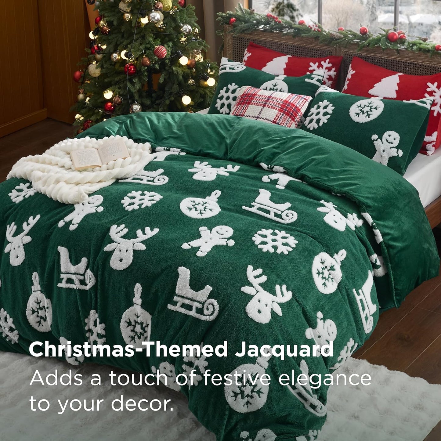 Bedsure Fluffy Christmas Duvet Cover Set - Ultra Soft Plush Shaggy Comforter Cover King Size, Warm Flannel Fleece Bed Sets for Winter, 3 Pieces, Gingerbread Man Pattern, Green