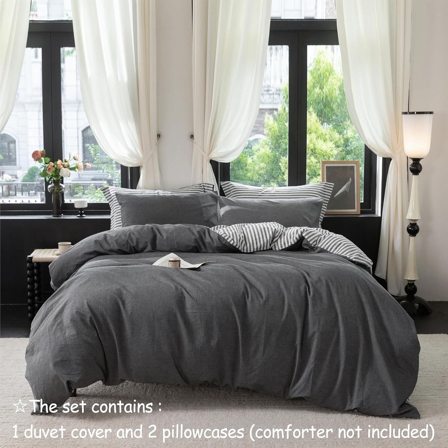 Reversible Duvet Cover Set 100% Washed Cotton Dark Grey Stripe Linen Feel Duvet Cover King Size with Zipper Closure & 2 Pillow Shams,Dark Grey/White Stripe Reverse Solid Dark Grey