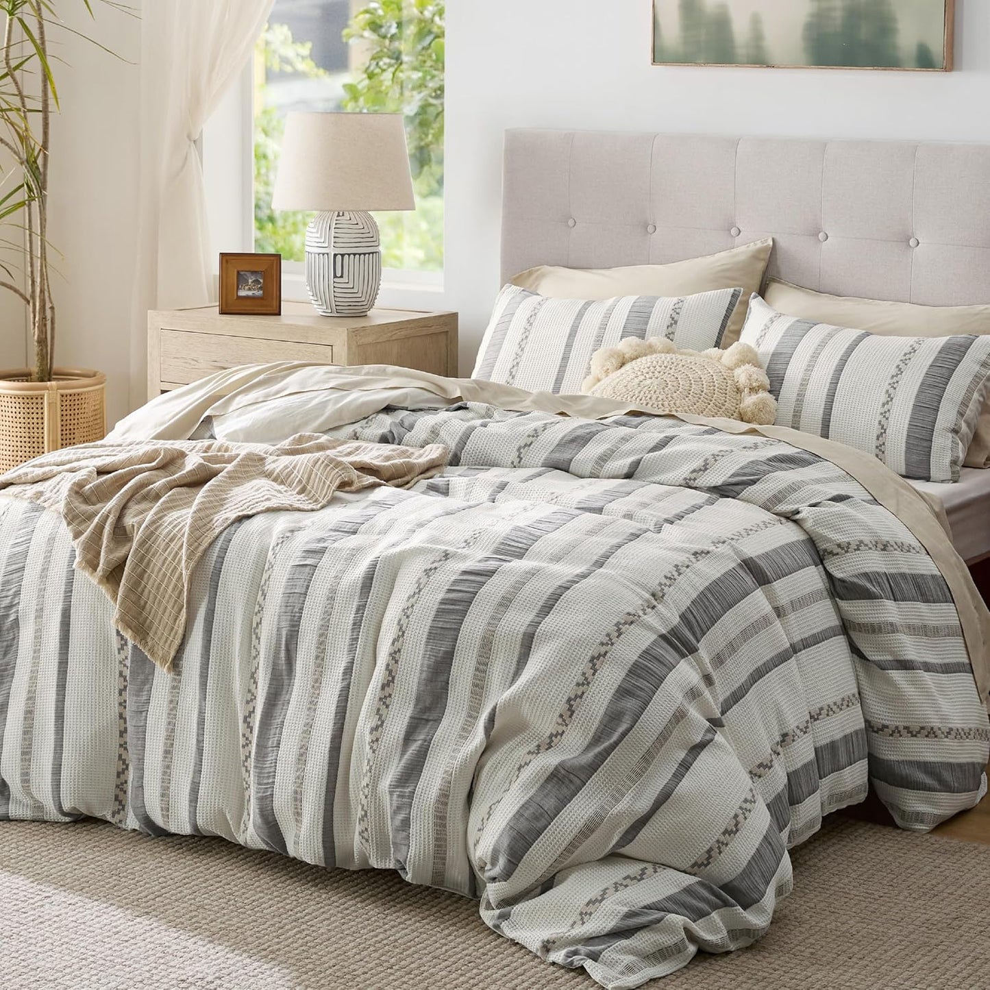Bedsure Waffle Weave Duvet Cover Queen - 100% Cotton Boho Duvet Cover Set with 2 Pillowcases - Extra Soft Cream White Textured Comforter Cover with Zipper Closure (Queen, 90"x90")