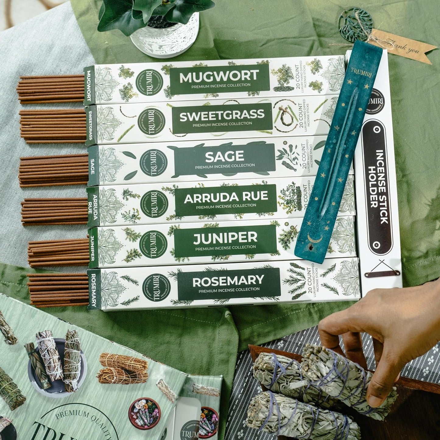 Trumiri Incense Sticks for Smudge Kit - Total 120 Insence-Sticks (20 Insense x 6 Incents) - Inciensos Aromaticos para Malas Energias Inscents-Sticks with Sage Sweetgrass for Smudging + Incense Holder