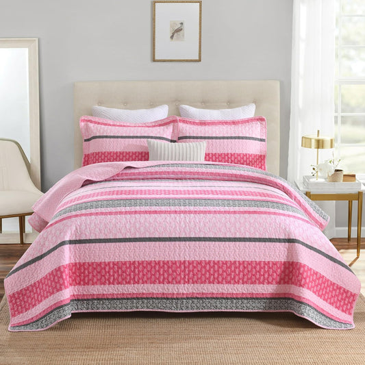 Homzard Quilts Queen Size, Cotton Comforter Set, Hot Pink Grey Queen Bed Set, Lightweight Striped Bedding, Farmhouse Bedspread All Season 3 Pieces
