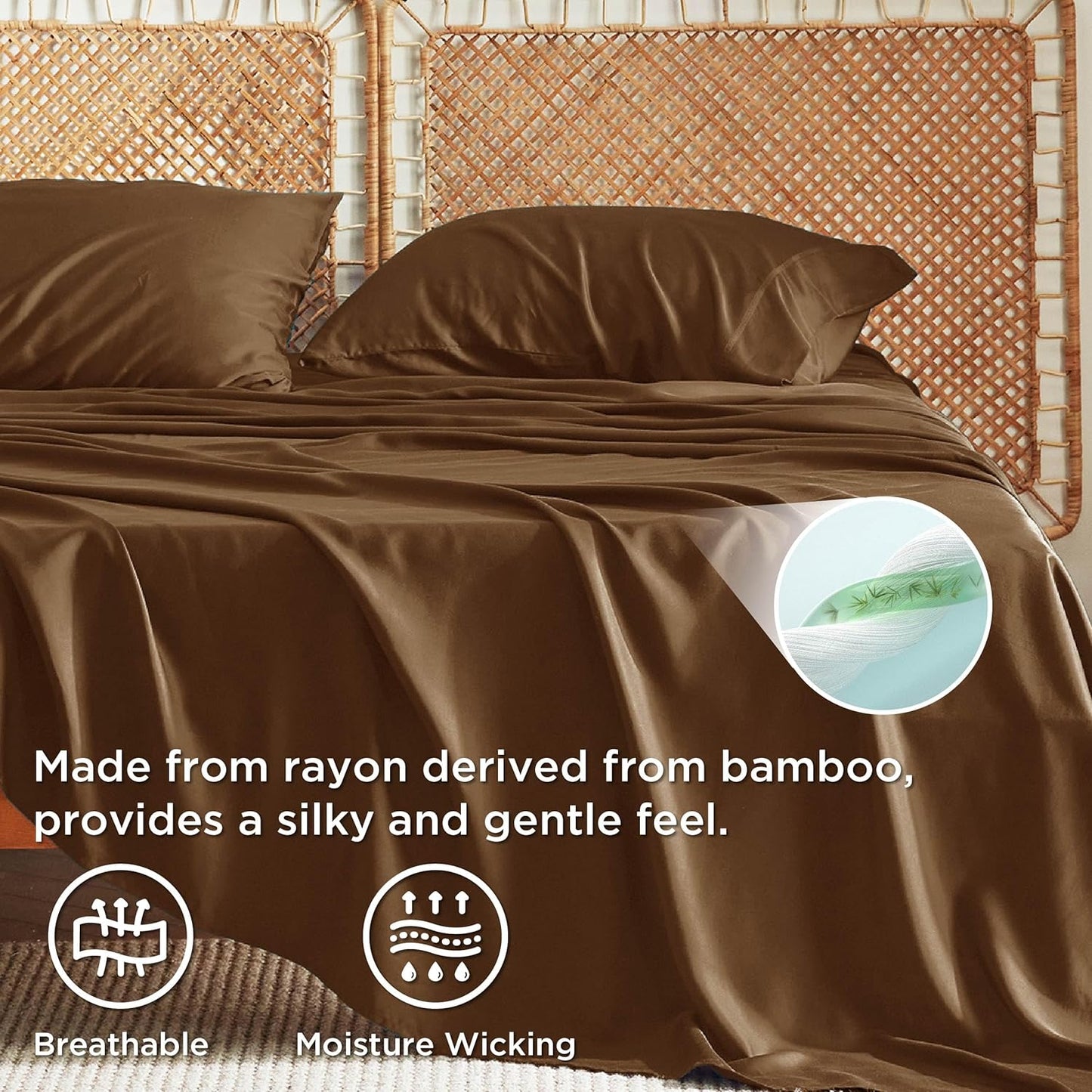 Bedsure Queen Sheet Set, Rayon Derived from Bamboo, Cooling Sheets, Breathable & Soft, Deep Pocket Up to 16 Inches, Hotel Luxury Silky Bedding for Hot Sleepers, Brown