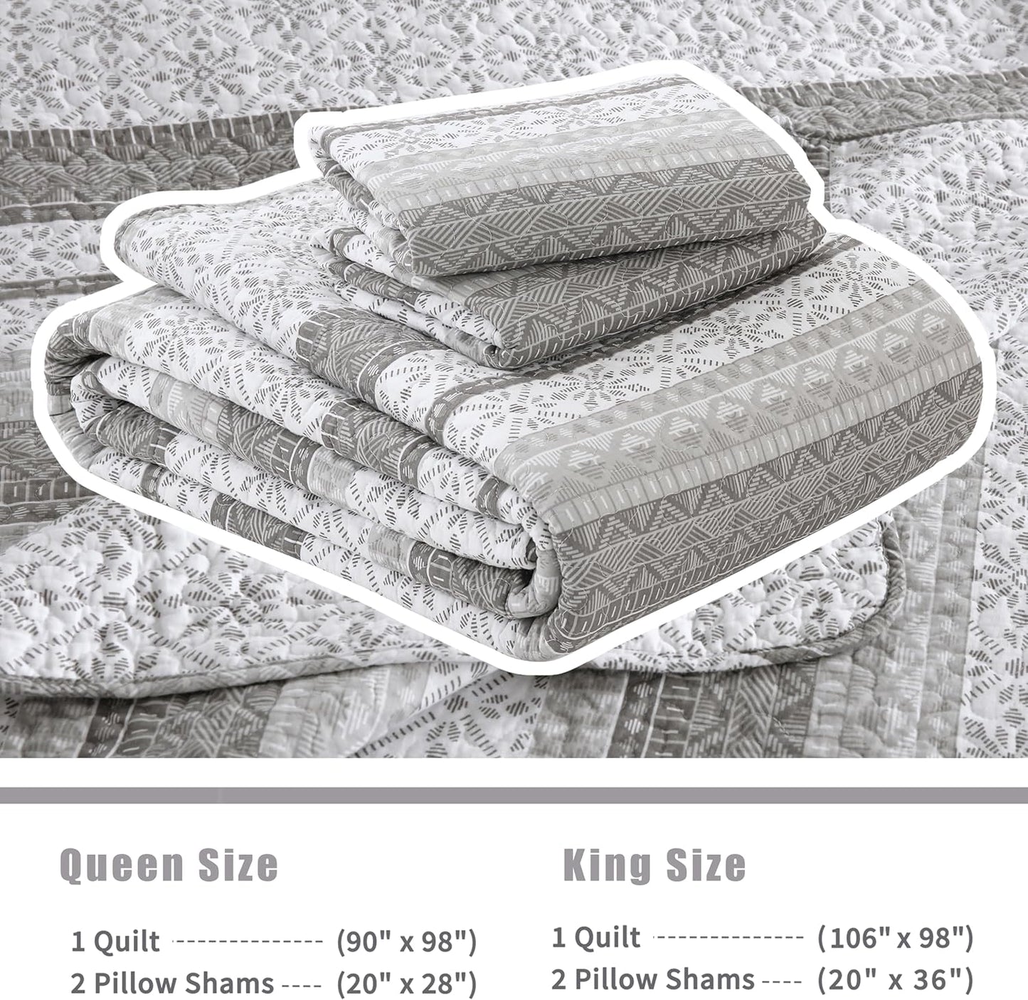 Homzard King Size Quilt Set, Grey White Snowflake Striped Comforter Set,Cotton Gray Bedspread King Size, Lightweight Comforter Fall Bedding 3 Piece All Season