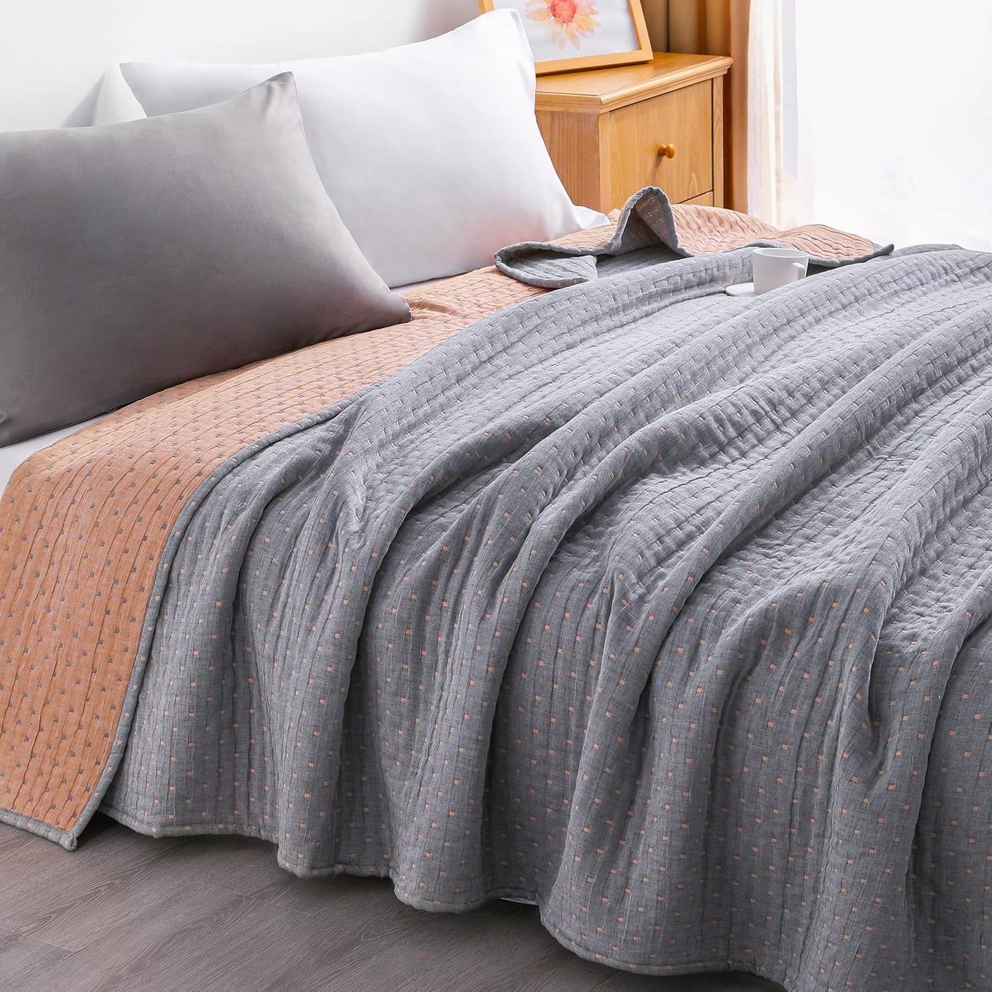 NTBAY 3 Layers Cotton Muslin 106x92 King Bed Blanket, Super Soft Breathable Thermal Yarn Dyed Quilt for Adults, Perfect Lightweight Blanket for Couch Sofa Bed All Seasons, Orange Dot