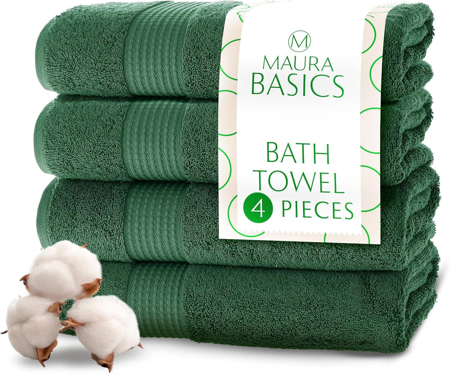 MAURA Basics Performance Bath Towels 100% Turkish Cotton with Hook Loops. Extra Large Luxury Absorbent Plush Towel Sets for Bathroom, Daily Use American Standard Size 27”x54”, Hunter Green