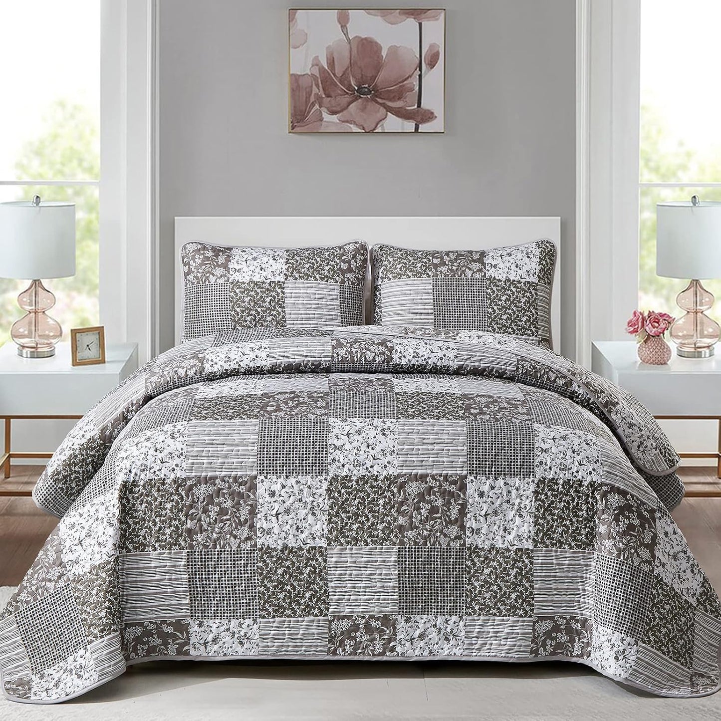 Mybedsoul Grey Boho Quilt Set Queen Size,3 Pieces Plaid Floral Bedspread Coverlet Set for All Season,Patchwork Reversible Bedding Set Queen 90"x96"