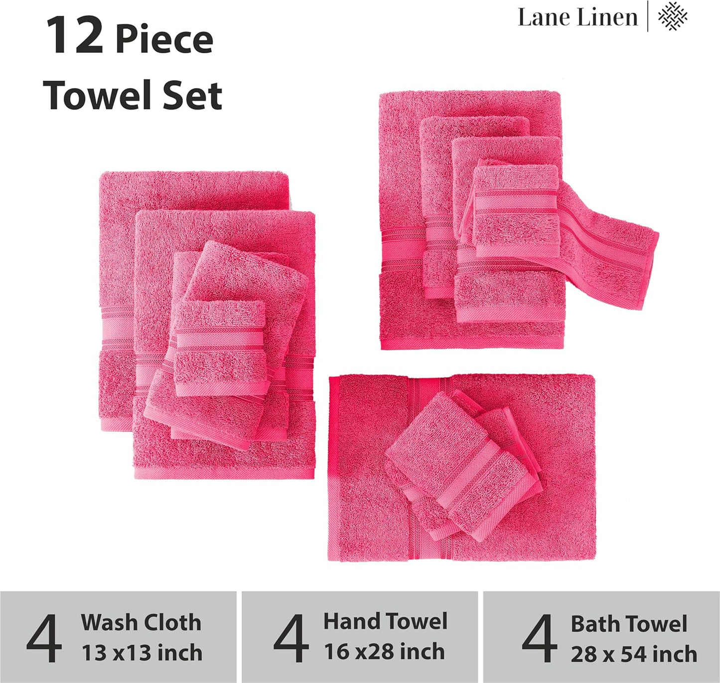 LANE LINEN 12 Pc Bath Towels Set – Ultra Soft 100% Mercerized Cotton, 4 Bath, 4 Hand Towel & 4 Wash Cloth, Zero Twist, Quick-Dry, Long-Lasting Comfort & Hotel Quality, Machine Washable – Fuchsia