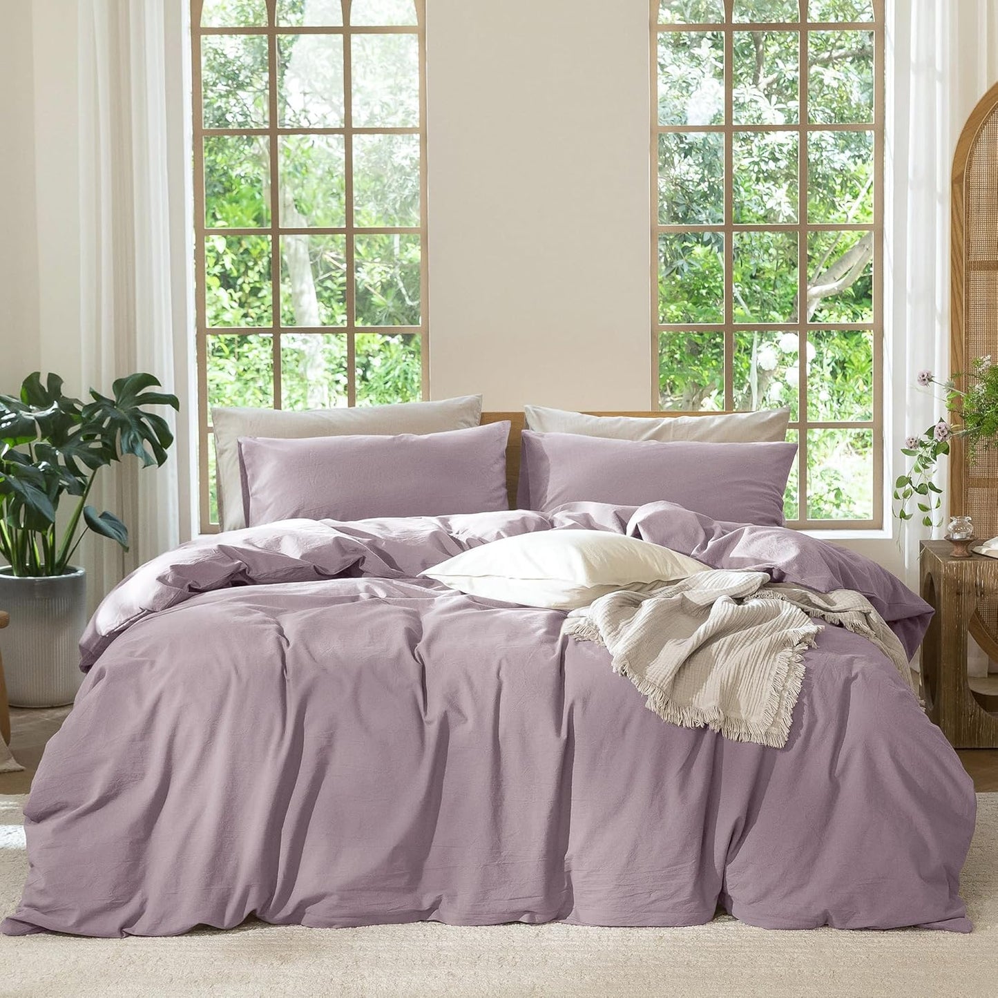 MooMee Bedding Duvet Cover Set 100% Washed Cotton Linen Like Textured Breathable Durable Soft Comfy (Solid Taro Purple, Oversized King Plus 128"x120")