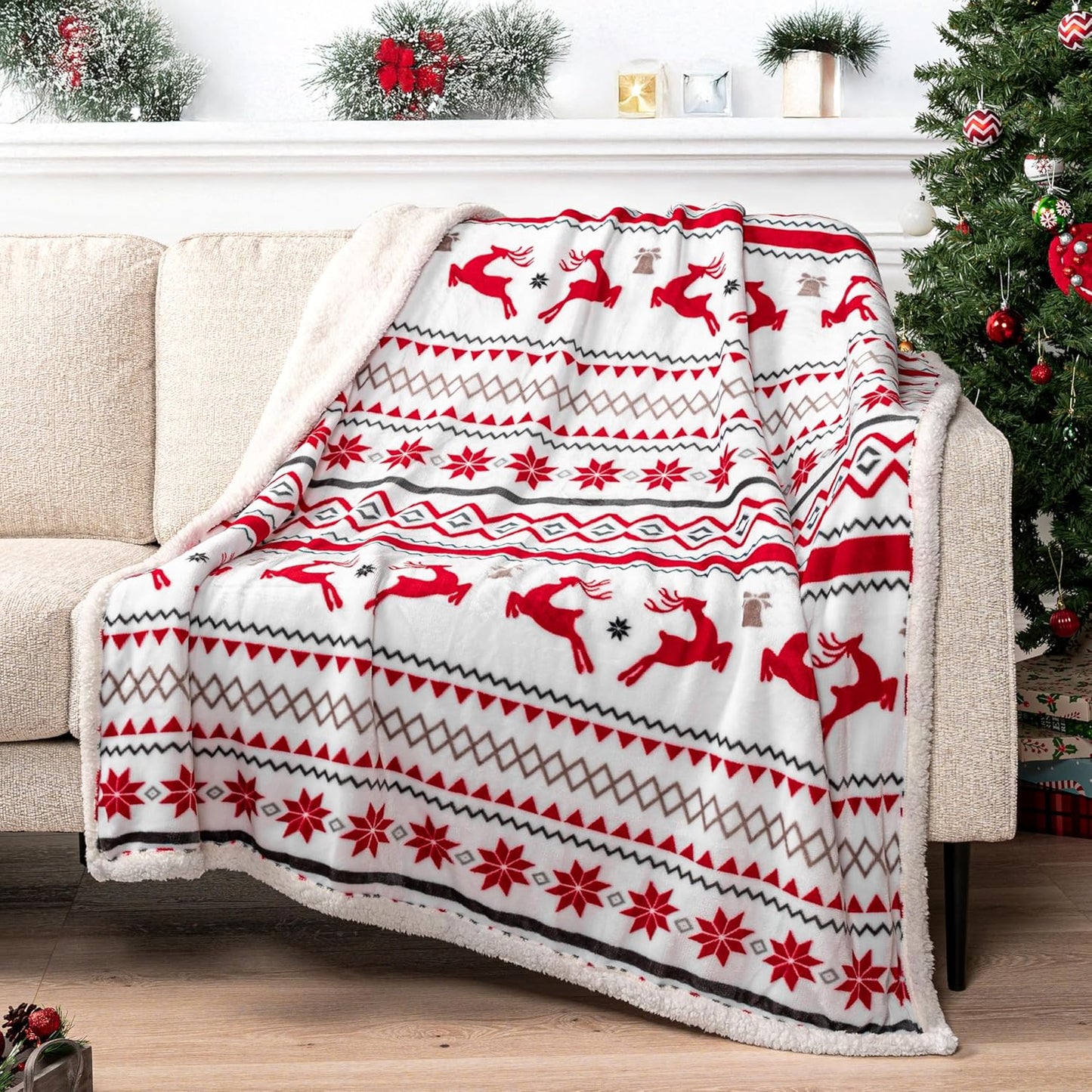 PAVILIA Premium Christmas Sherpa Throw Blanket | Christmas Decoration Gift, Fleece, Plush, Warm, Cozy Reversible Microfiber Holiday Blanket | White Reindeer - 60x80 Twin
