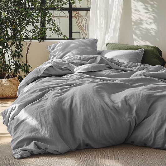 Bedsure Linen Duvet Cover Queen - Linen Cotton Blend Bedding Set, Soft & Cozy, 3 Pieces, 1 Duvet Cover 90x90 Inches and 2 Pillowcases, Silver Grey Color Cooling Bedding, Comforter Sold Separately